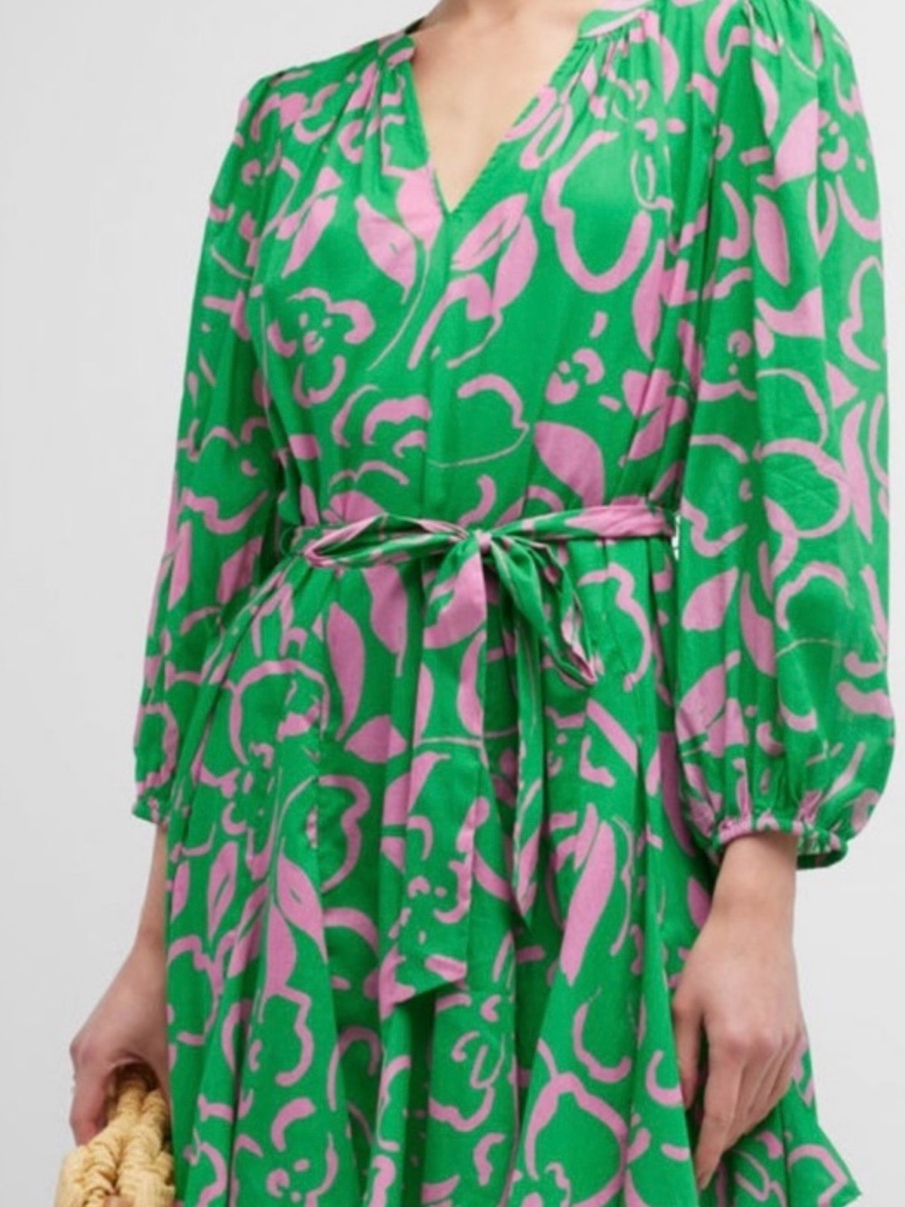 Velvet Green and Pink Floral Tie-Waist Midi Dress